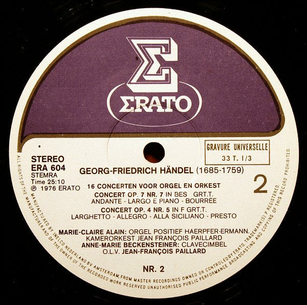 Georg Friedrich Händel - Marie-Claire Alain & Orchestre De Chambre Jean-François Paillard : 16 Concertos For Organ & Orchestra, Vol. 2: 5 - 8 (LP, Album)