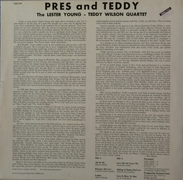 The Lester Young-Teddy Wilson Quartet : Pres And Teddy (LP, Mono, RE)