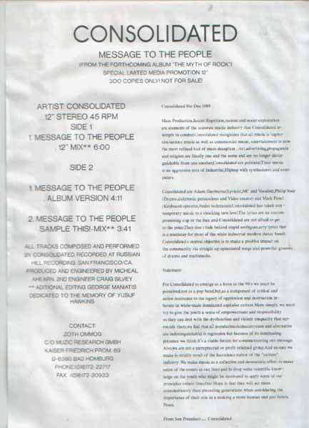 Consolidated : Message To The People (12", Ltd, Promo, TP)