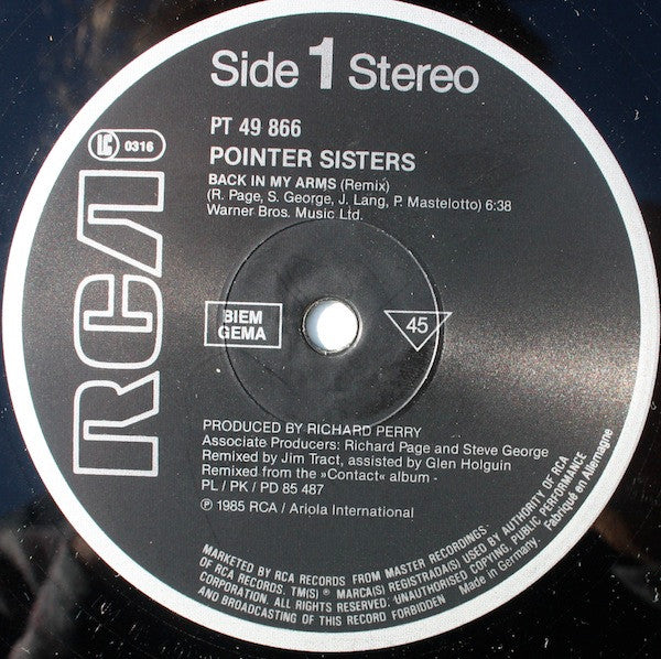 Pointer Sisters : Back In My Arms (12", Maxi)