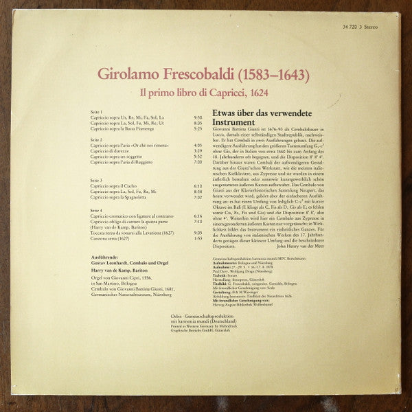 Girolamo Frescobaldi - Gustav Leonhardt - Harry Van De Kamp : Il Primo Libro Di Capricci 1624 (2xLP, Album)