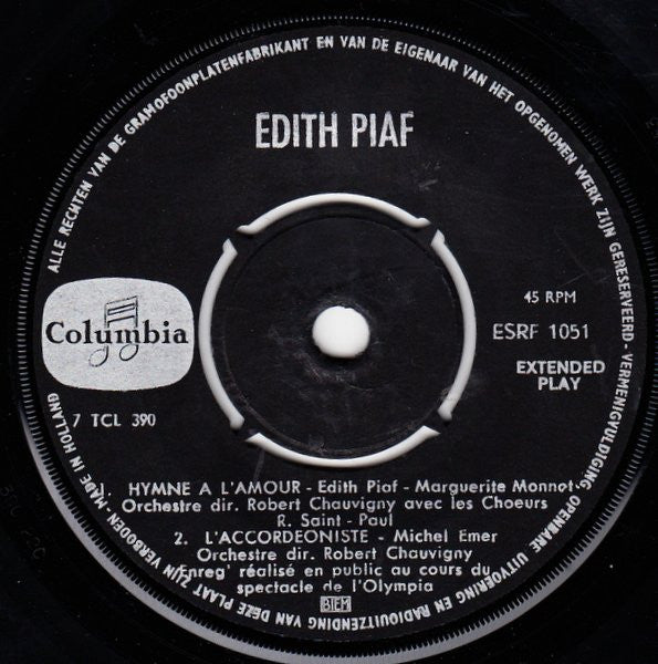 Edith Piaf : La Vie En Rose (7", EP, Mono)