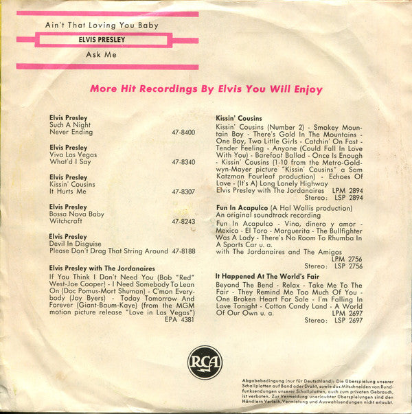 Elvis* : Ain't That Loving You Baby (7", Single)
