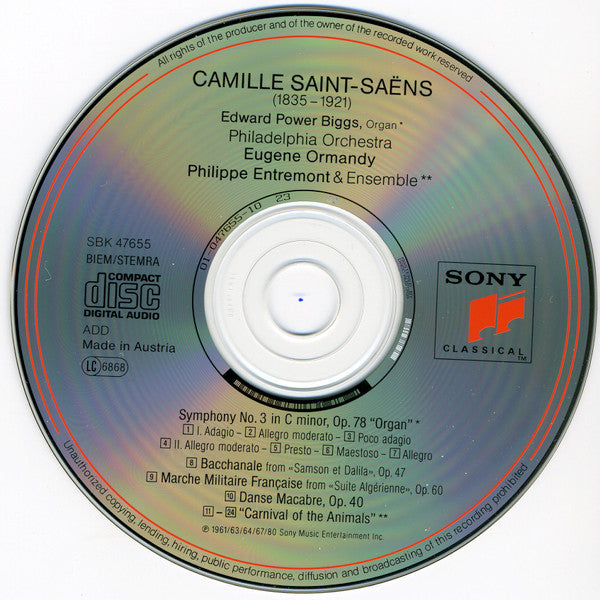 Camille Saint-Saëns - E. Power Biggs • Philippe Entremont • Gaby Casadesus • Eugene Ormandy : Symphony No. 3 "Organ". Carnival Of The Animals. Danse Macabre (CD, Comp, RE)