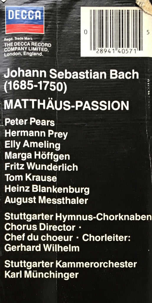 Johann Sebastian Bach, Elly Ameling, Marga Höffgen, Peter Pears, Fritz Wunderlich, Hermann Prey, Tom Krause, Stuttgarter Hymnus-Chorknaben, Stuttgarter Kammerorchester, Karl Münchinger : Matthäus - Passion (4xLP + Box)