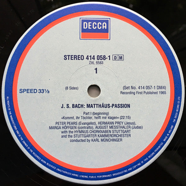 Johann Sebastian Bach, Elly Ameling, Marga Höffgen, Peter Pears, Fritz Wunderlich, Hermann Prey, Tom Krause, Stuttgarter Hymnus-Chorknaben, Stuttgarter Kammerorchester, Karl Münchinger : Matthäus - Passion (4xLP + Box)