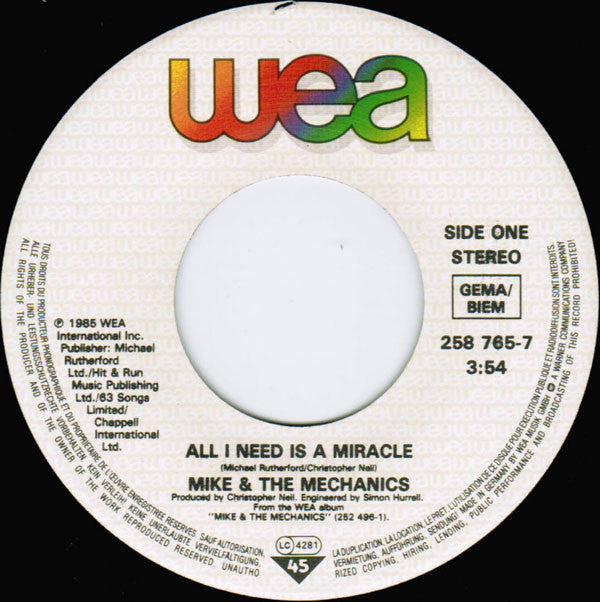 Mike & The Mechanics : All I Need Is A Miracle (7", Single)