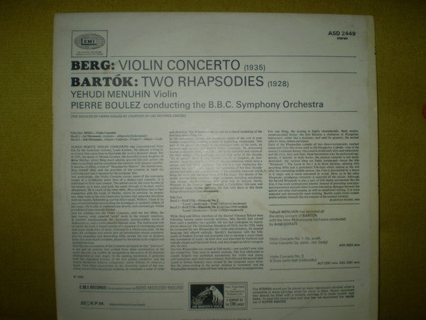 Alban Berg, Béla Bartók, Yehudi Menuhin, Pierre Boulez, BBC Symphony Orchestra : Berg: Violin Concerto / Bartók: Two Rhapsodies (LP, Album, RE)