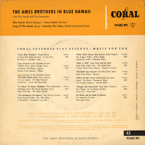 The Ames Brothers : The Ames Brothers In Blue Hawaii (7", EP)
