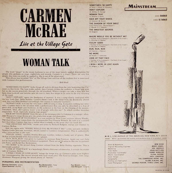 Carmen McRae : Woman Talk, Live At The Village Gate (LP, Album, Mono)