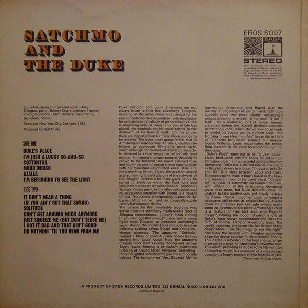 Louis Armstrong and Duke Ellington : Satchmo And The Duke (LP, Comp)