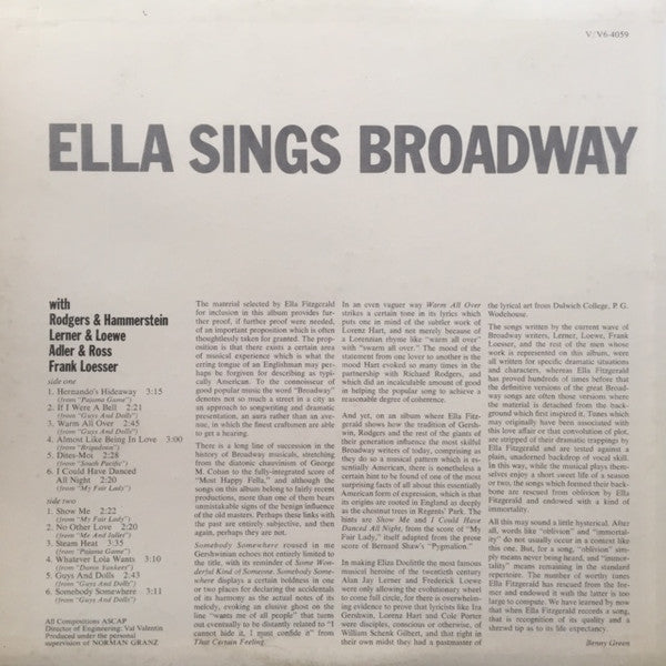 Ella Fitzgerald with Rodgers & Hammerstein, Lerner & Loewe, Richard Adler & Jerry Ross (2), Frank Loesser : Ella Sings Broadway (LP, Album)