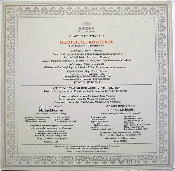 Claudio Monteverdi - Dorothy Dorow • Birgit Nordin • Nigel Rogers (2) • Ian Partridge • Christopher Keyte • Friedhelm Hessenbruch, Monteverdi-Chor Hamburg • Jürgen Jürgens : Geistliche Konzerte (LP)
