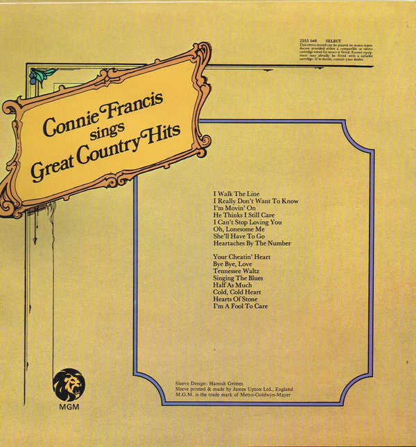 Connie Francis : Connie Francis Sings Great Country Hits (LP, Comp, RE)