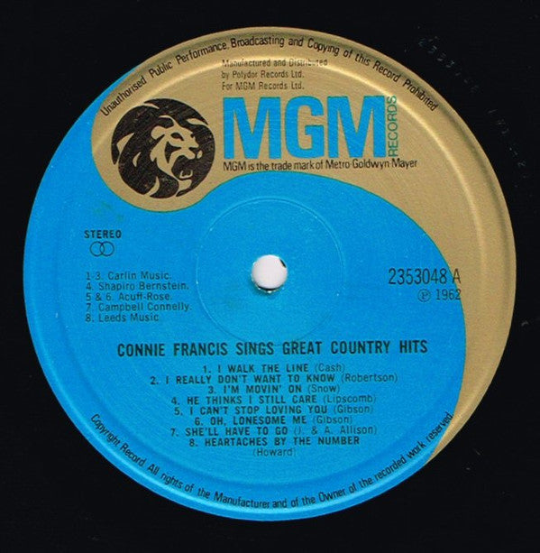 Connie Francis : Connie Francis Sings Great Country Hits (LP, Comp, RE)