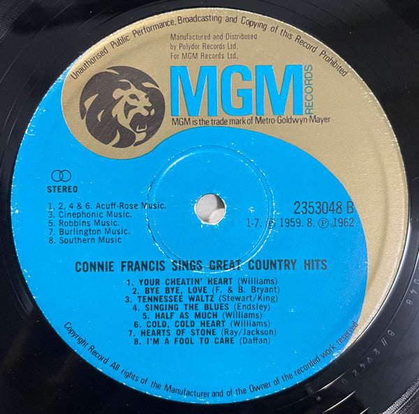 Connie Francis : Connie Francis Sings Great Country Hits (LP, Comp, RE)