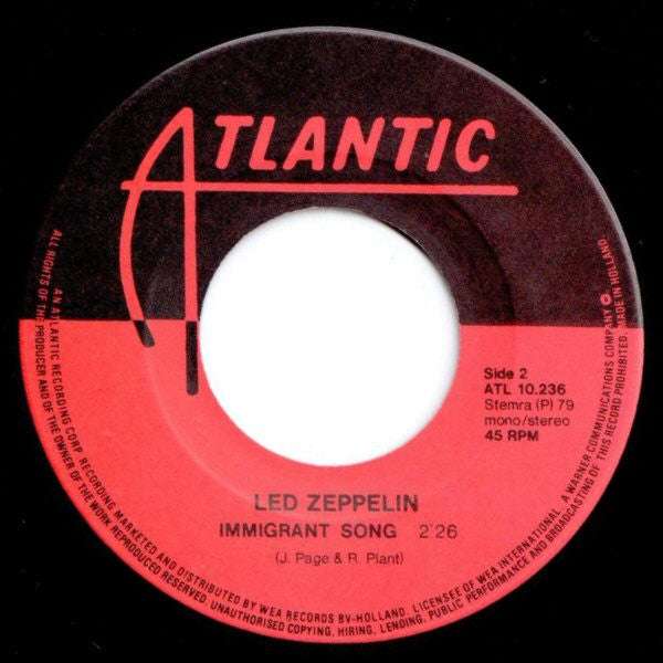 Led Zeppelin : Whole Lotta Love / Immigrant Song (7", Single, RE)