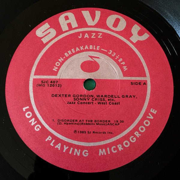 Dexter Gordon, Wardell Gray, Sonny Criss, Hampton Hawes, Barney Kessel, Howard McGhee, Al Killian : Jazz Concert - West Coast (LP, Album, Mono, RE)