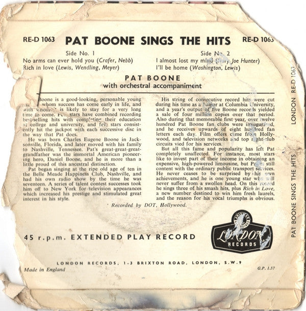 Pat Boone : Pat Boone Sings The Hits (7", EP)
