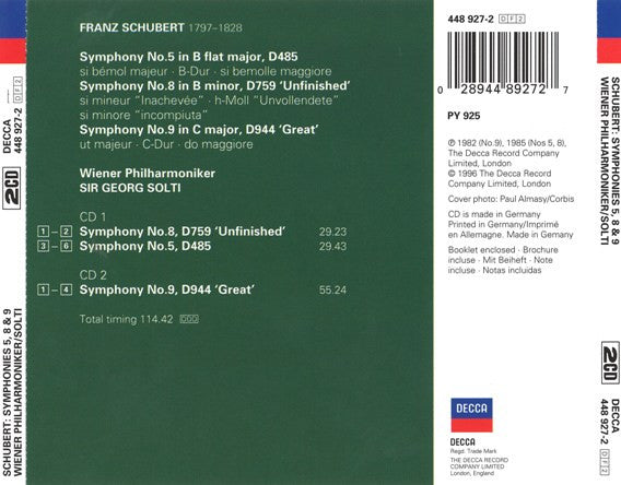 Franz Schubert, Wiener Philharmoniker, Georg Solti : The 3 Great Symphonies - Symphonies 5, 8 & 9 (2xCD, Comp, RM)