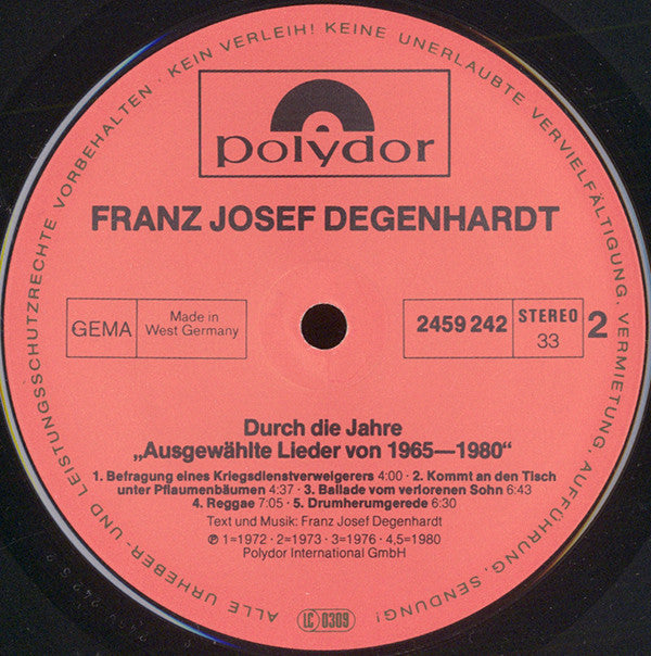 Franz Josef Degenhardt : Durch Die Jahre - Ausgewählte Lieder Von 1965 - 1980 (LP, Comp)