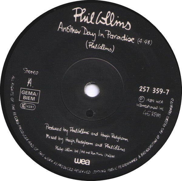 Phil Collins : Another Day In Paradise (7", Single, Sol)