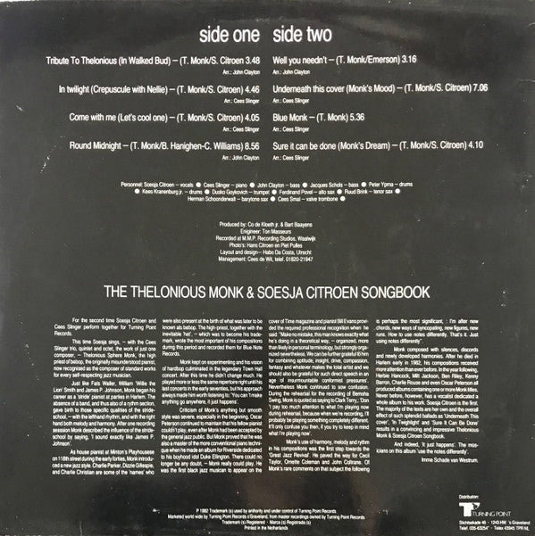 Soesja Citroen Featuring The Cees Slinger Octet : Soesja Citroen Sings Thelonious Monk (LP)