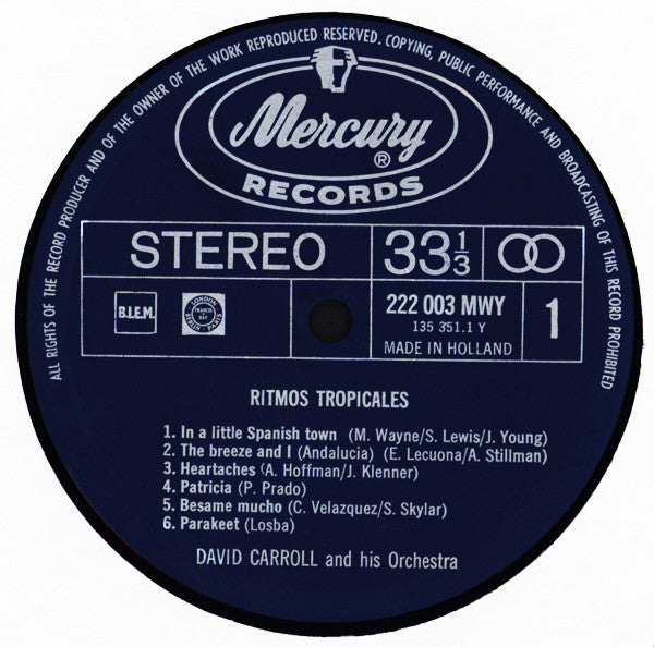 David Carroll & His Orchestra : Ritmos Tropicales (LP, Album, RE)