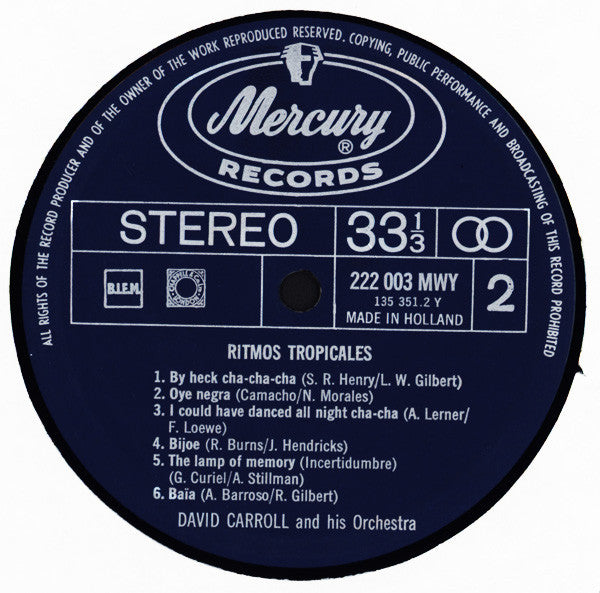 David Carroll & His Orchestra : Ritmos Tropicales (LP, Album, RE)