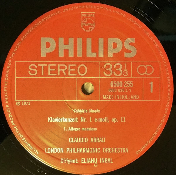 Frédéric Chopin, Claudio Arrau : Piano Concerto No. 1 In E Minor, Op. 11 (LP, Album, RP)
