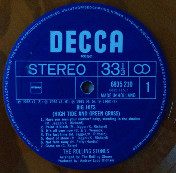 The Rolling Stones : Big Hits (High Tide And Green Grass) (LP, Comp, Mono, Ltd, RE, Ora)