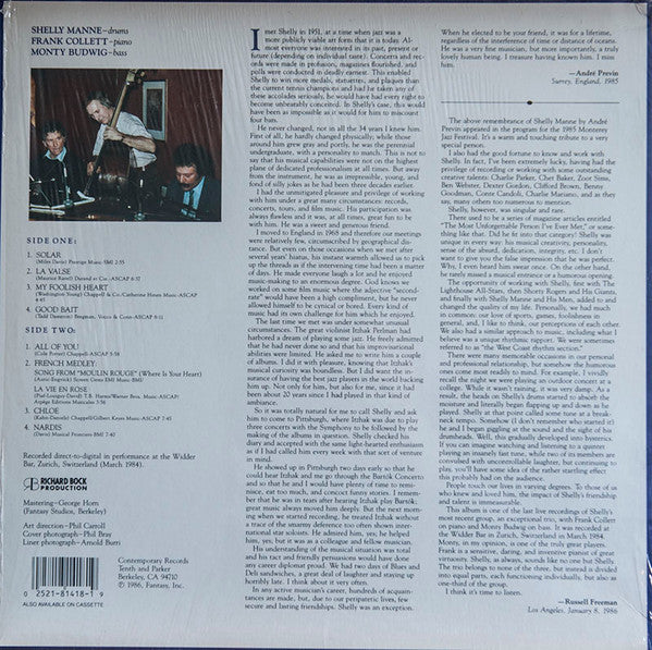 Shelly Manne Trio : The Shelly Manne Trio In Zurich (LP, Album)