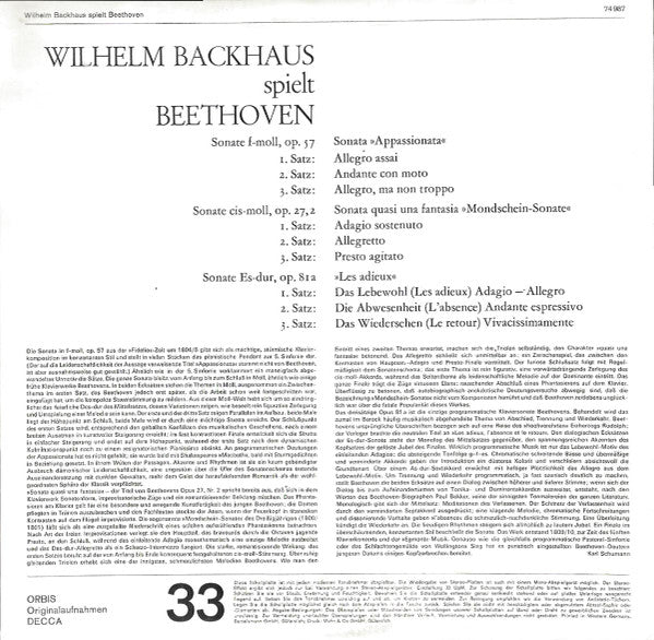 Ludwig Van Beethoven, Wilhelm Backhaus : Wilhelm Backhaus Spielt Beethoven (LP, Comp, RE)