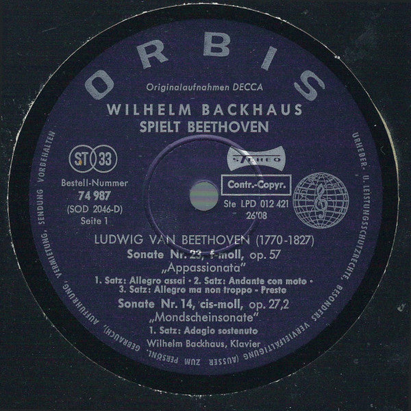 Ludwig Van Beethoven, Wilhelm Backhaus : Wilhelm Backhaus Spielt Beethoven (LP, Comp, RE)