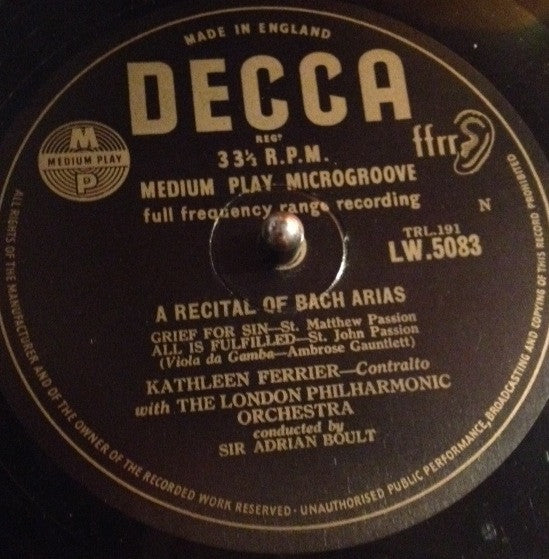 Johann Sebastian Bach By Kathleen Ferrier With Sir Adrian Boult Conducting London Philharmonic Orchestra : A Recital Of Bach Arias (10", Med)