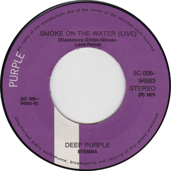 Deep Purple : Smoke On The Water (7", Single, Gre)