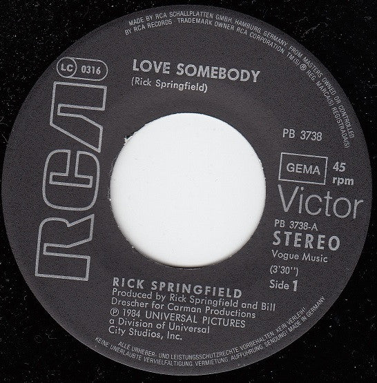 Rick Springfield : Love Somebody (7", Single)