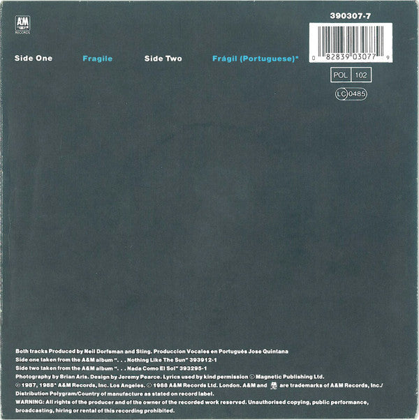 Sting : Fragile / Frágil (7", Single, Pos)