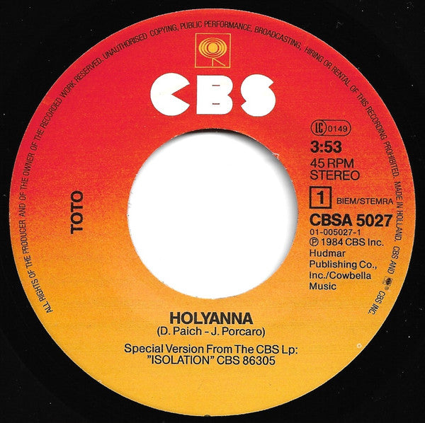 Toto : Holyanna (7", Single)