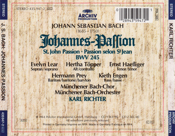 Johann Sebastian Bach, Evelyn Lear, Hertha Töpper, Ernst Haefliger, Hermann Prey, Kieth Engen, Münchener Bach-Chor, Münchener Bach-Orchester, Karl Richter : Johannes-Passion (2xCD, RE, RM)