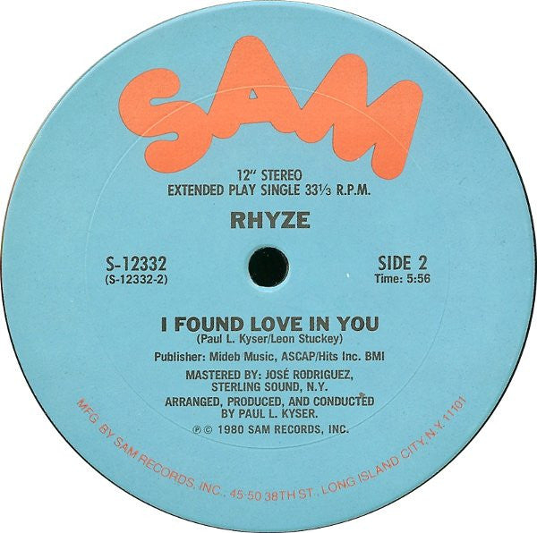Rhyze : Just How Sweet Is Your Love / I Found Love In You (12", Single, Pit)