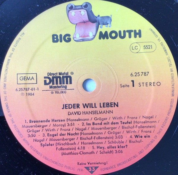 David Hanselmann : Jeder Will Leben (LP, Album)