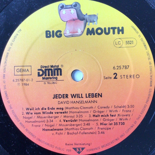 David Hanselmann : Jeder Will Leben (LP, Album)