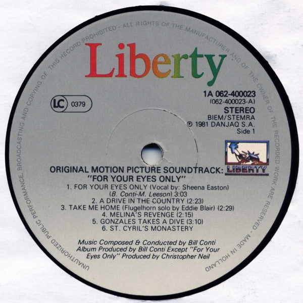 Bill Conti : For Your Eyes Only (Original Motion Picture Soundtrack) (LP, Album)