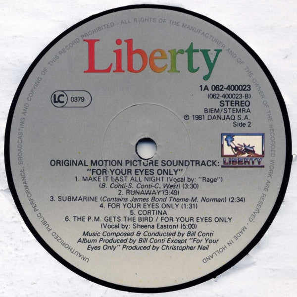 Bill Conti : For Your Eyes Only (Original Motion Picture Soundtrack) (LP, Album)