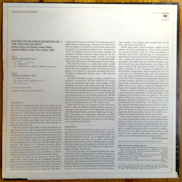 Béla Bartók, Juilliard String Quartet : The Six String Quartets, Vol. 1 (String Quartets Nos. 1 And 2) (LP, Album)