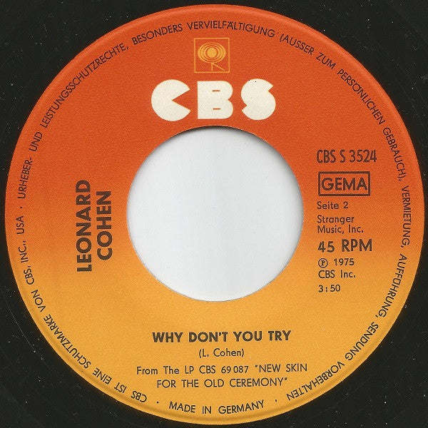 Leonard Cohen : Tonight Will Be Fine (7", Single)