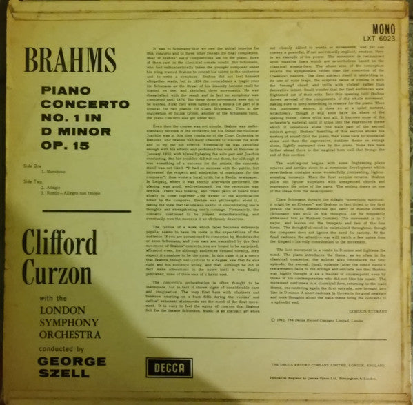 Clifford Curzon, George Szell, Johannes Brahms, London Symphony Orchestra : Piano Concerto No. 1 (LP, Mono)