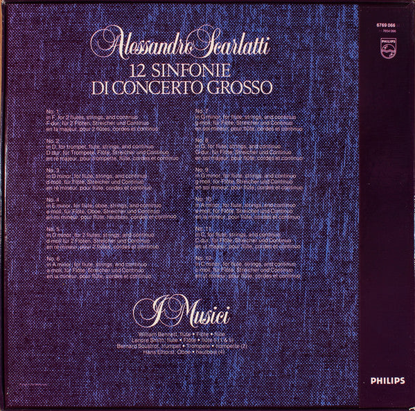 Alessandro Scarlatti, I Musici, William Bennett (3), Hans Elhorst, Lenore Smith, Bernard Soustrot : 12 Sinfonie Di Concerto Grosso (2xLP + Box)