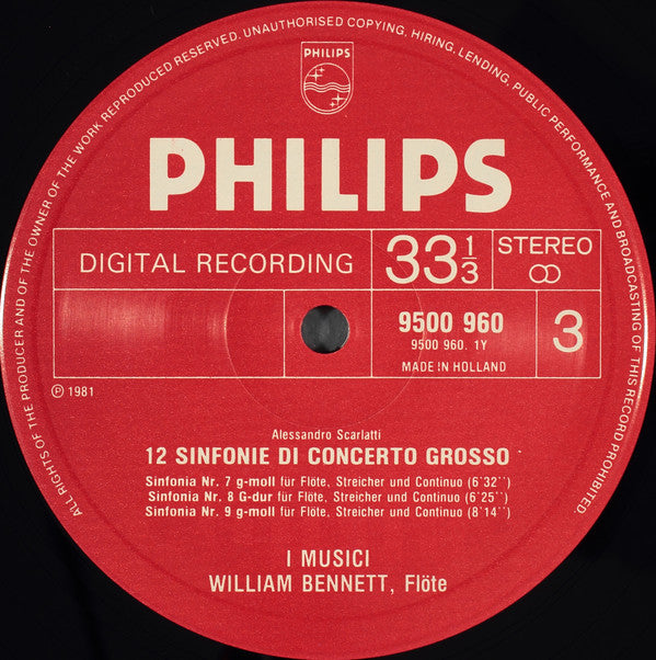 Alessandro Scarlatti, I Musici, William Bennett (3), Hans Elhorst, Lenore Smith, Bernard Soustrot : 12 Sinfonie Di Concerto Grosso (2xLP + Box)